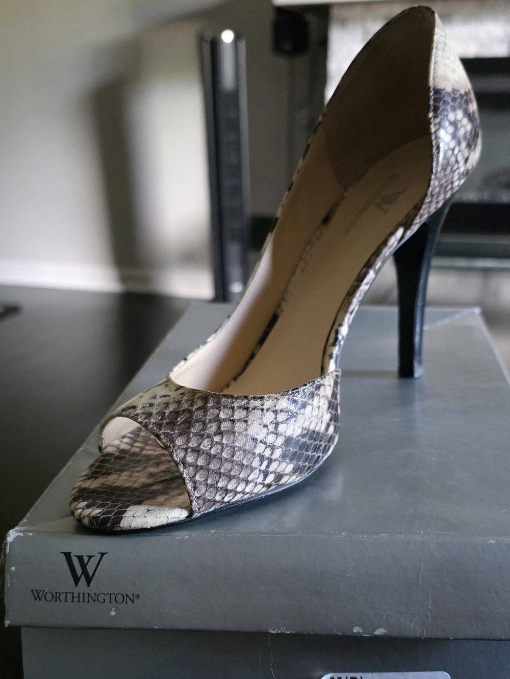 Worthington Snake-Print Peep-Toe Heel in Beige and Brown